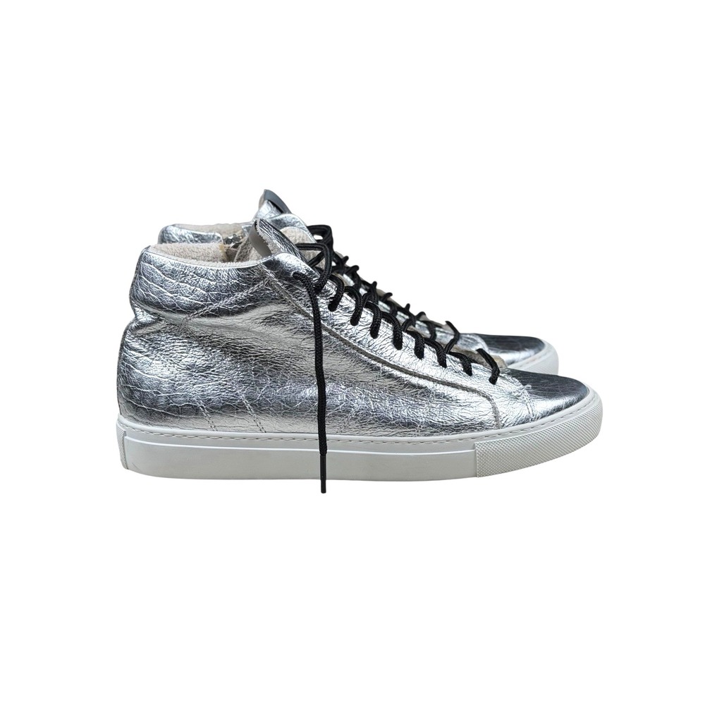 P448 Metallic Silver Leather Women's High Top Sneakers Sz 40